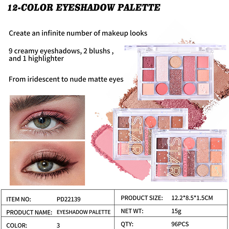 Hochwertige 12-farbige schillernde matte Lidschattenpalette PD22139